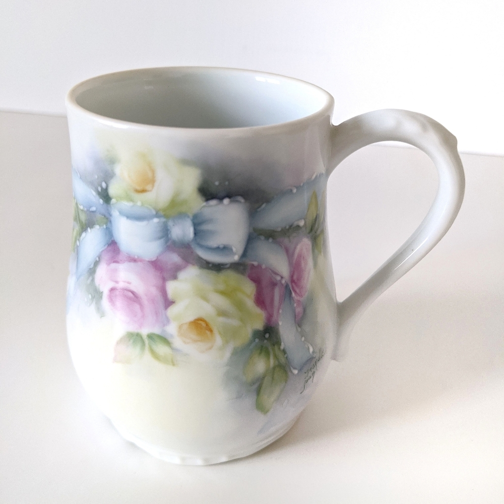 Hand Painted Floral Bow Porcelain Tea Cup Mug
